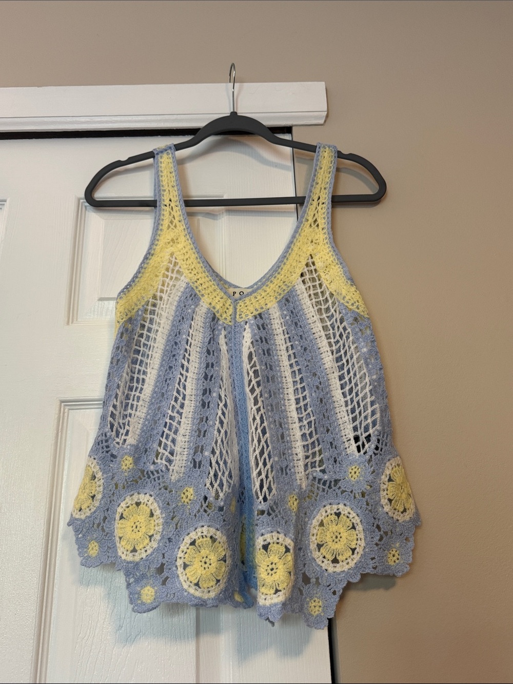 Crochet Tank Top in Light Blue, White & Yellow